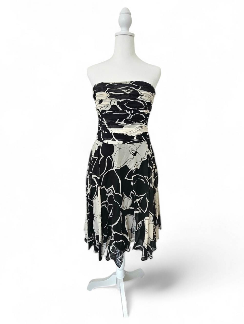 Banana Republic Black and Cream Silk Strapless Floral Dress